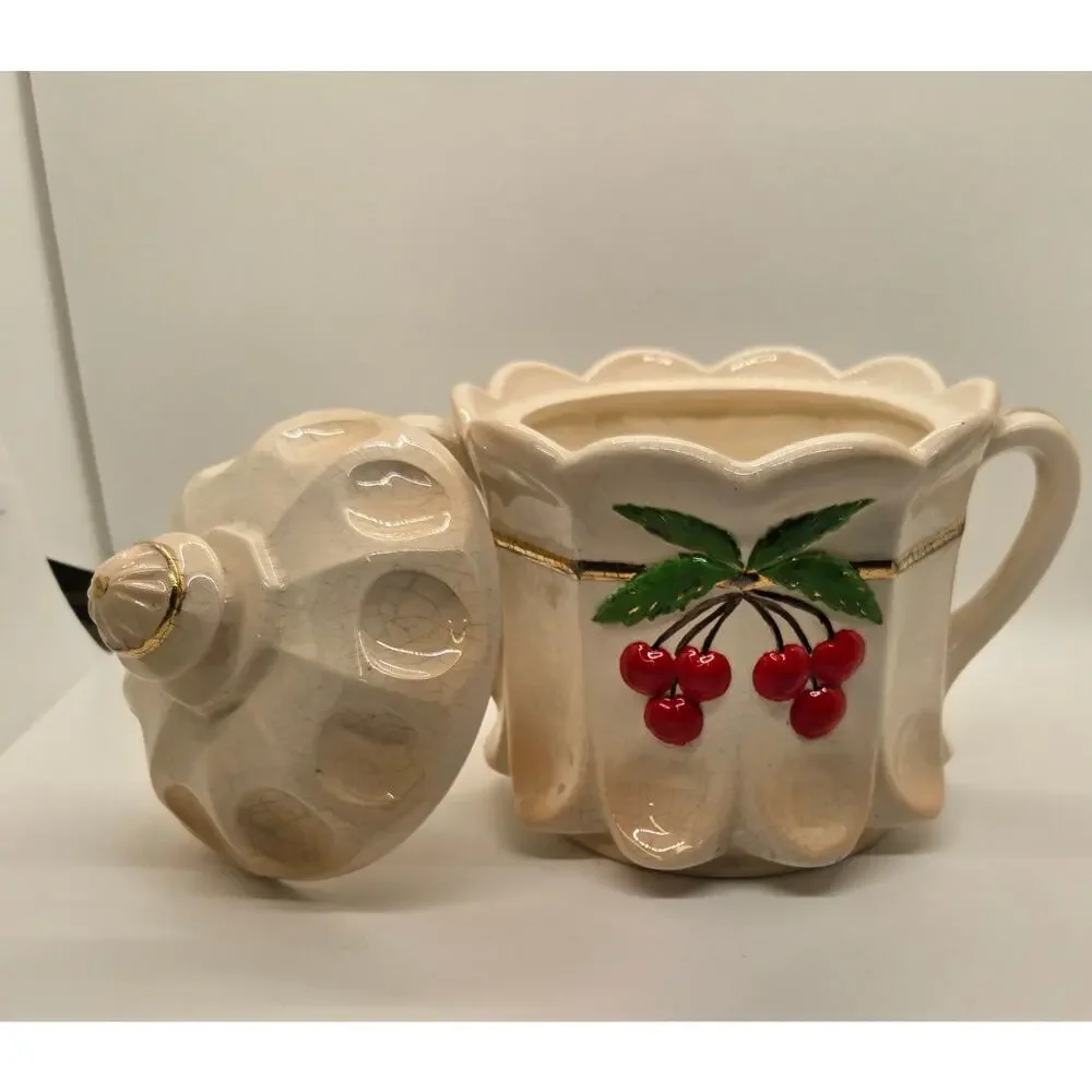 Vintage Westmoreland Milk Glass Hand Painted Cherry Thumbprint Panel Cookie Jar